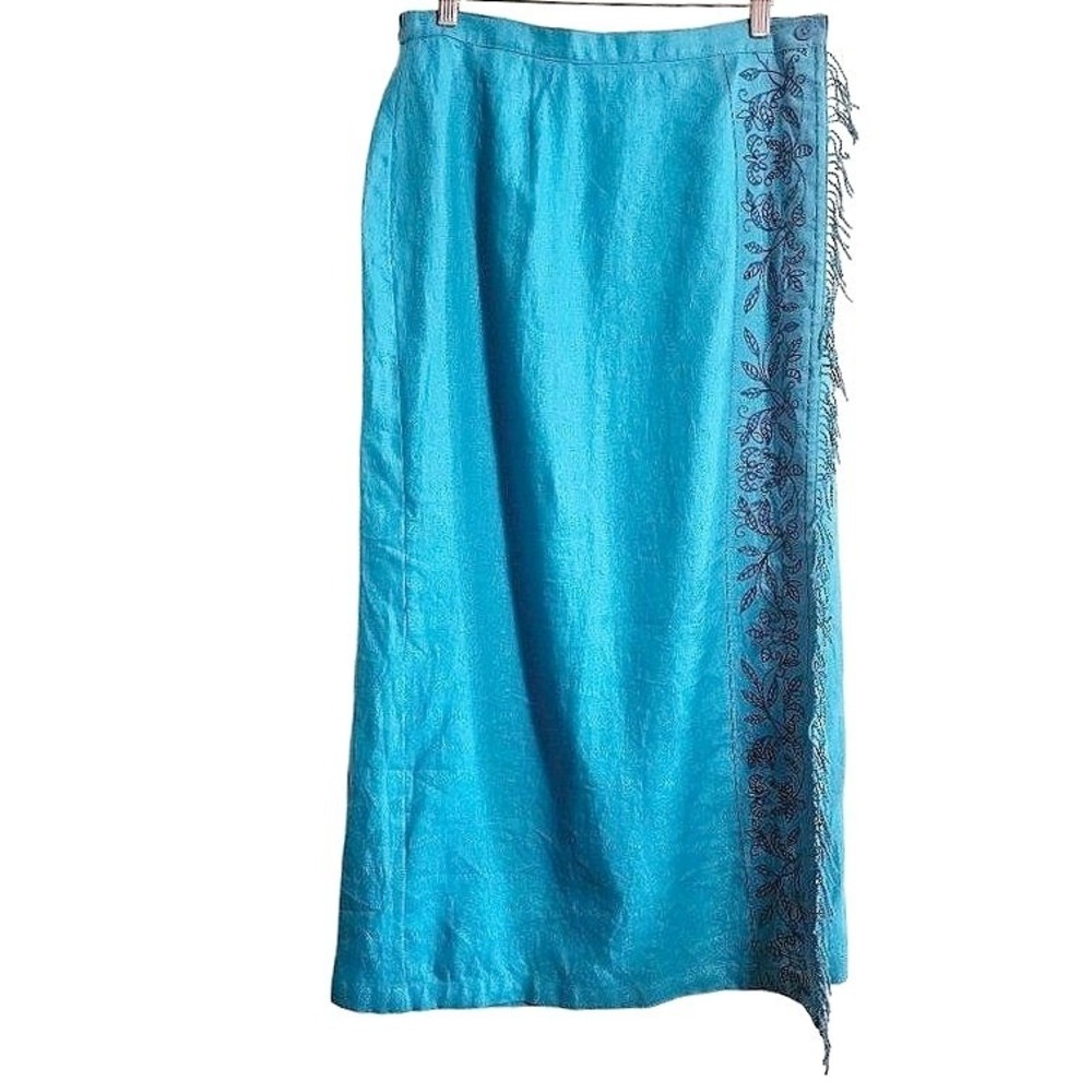 JM Linen Wrap Skirt Size Large embroidered floral fringe NWT‎